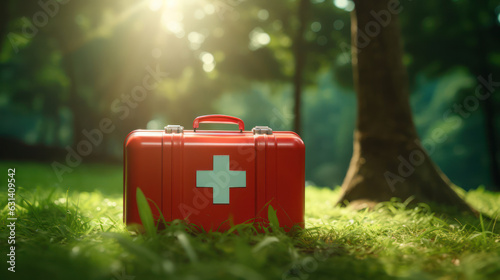 First aid medical red kit on bokeh park background