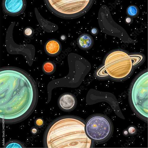 Vector Space Seamless Pattern, square repeat background with illustration of different planets and stars in deep space for bed linen design, decorative cosmo cover with black starry space background