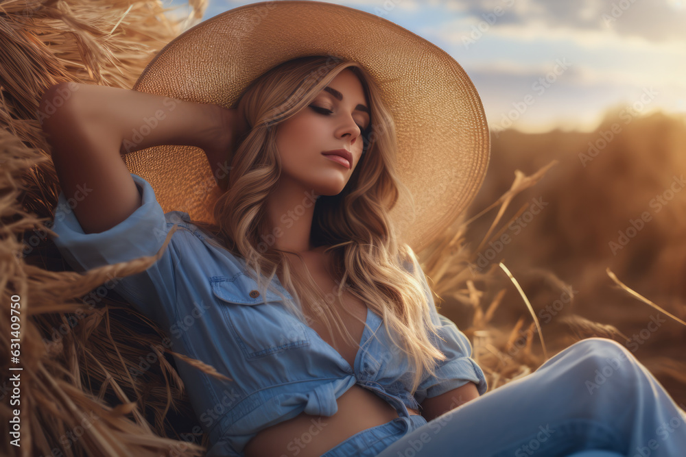 Young woman relaxing in a straw bale field. Generative AI.