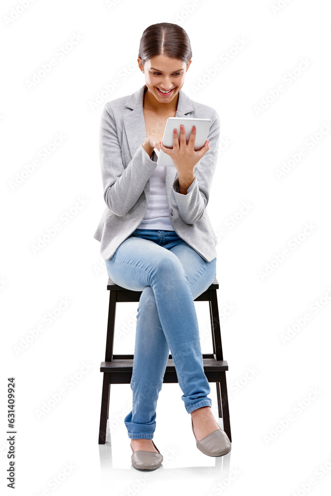 Happy, business woman and reading on tablet with news, announcement or information on transparent, isolated or png background. Mobile app, girl on scrolling on social media, internet or online user Happy, business woman and reading on tablet with news, announcement or information on transparent, isolated or png background. Mobile app, girl on scrolling on social media, internet or online user