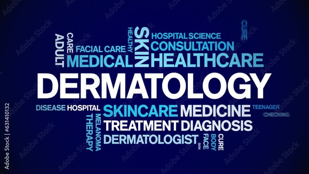 Dermatology animated tag word cloud;text design animation kinetic typography seamless loop.