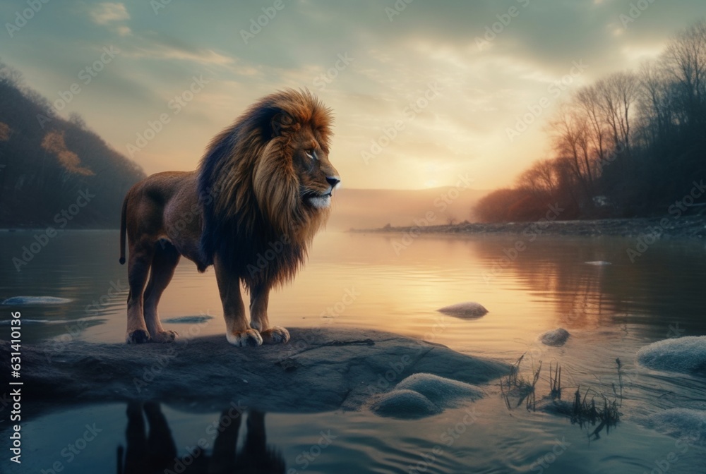 Obraz premium lion in the river in the middle of the forest. generative ai