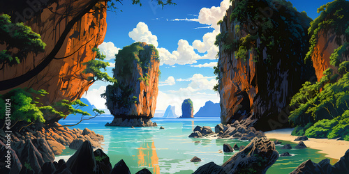 Illustration of a beautiful view of James Bond Island, Thailand