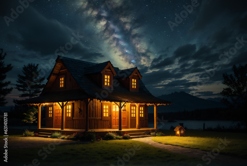 House in the meadow with stars background