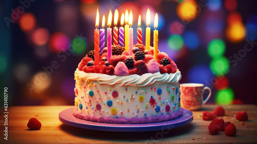 Birthday colorful cake with candles and berries 