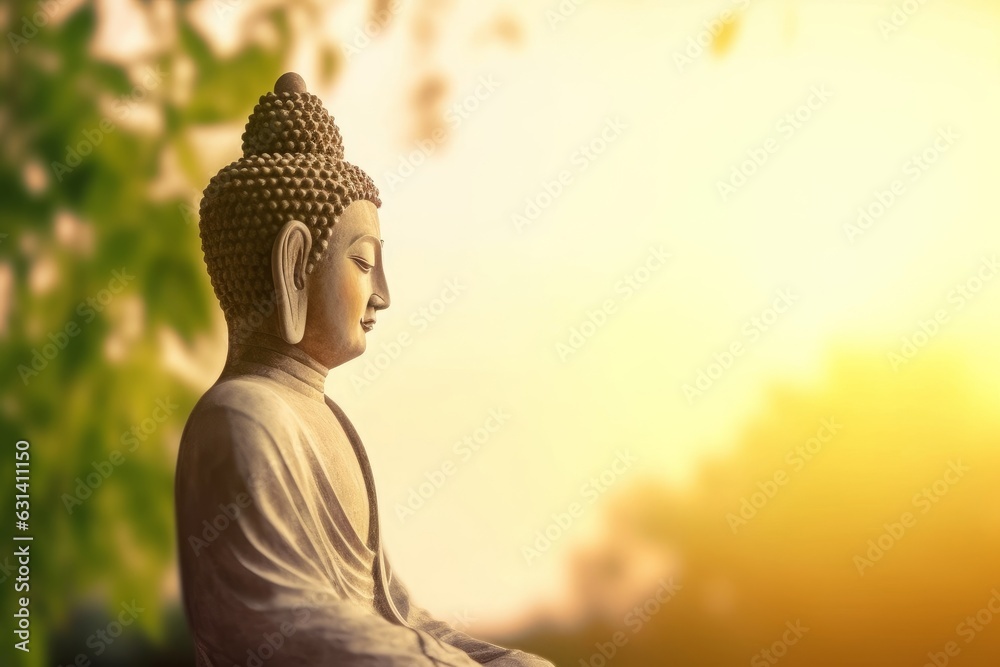 Vesak Day concept: Buddha statue in nature sunset blurred background, Generative AI