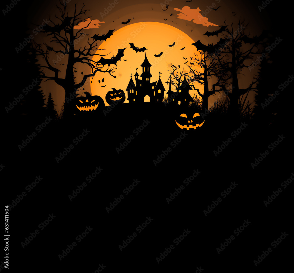 Halloween Card and party Invitation with a dark night background, Pumpkins, bats, full moon and dark castle. or spooky house. illustration with copy space.