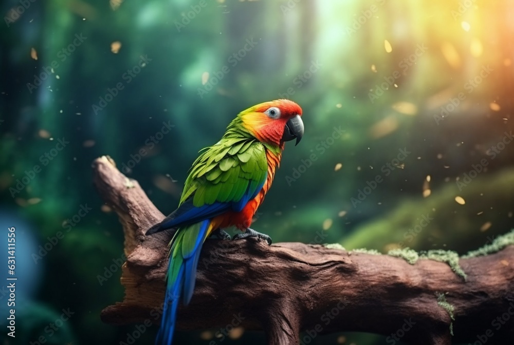parrot on a wooden branch in the middle of the forest. generative ai
