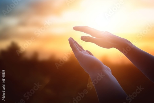 Help hand of God reaching over blurred cross on sunrise background, Generative AI