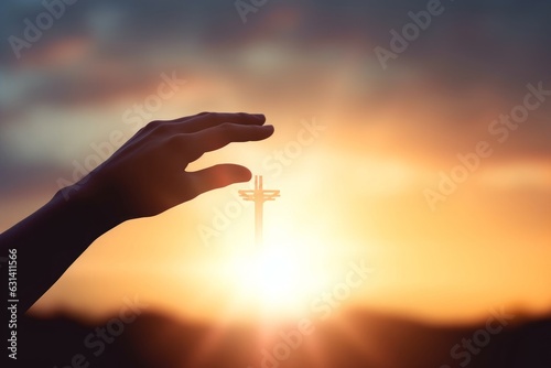 Help hand of God reaching over blurred cross on sunrise background, Generative AI