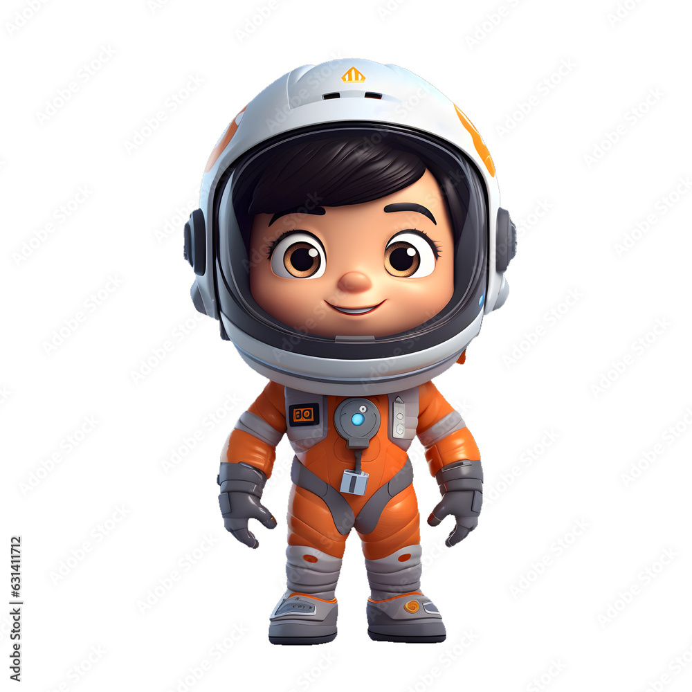 Astronaut child in space suit cartoon character isolated on transparent white background