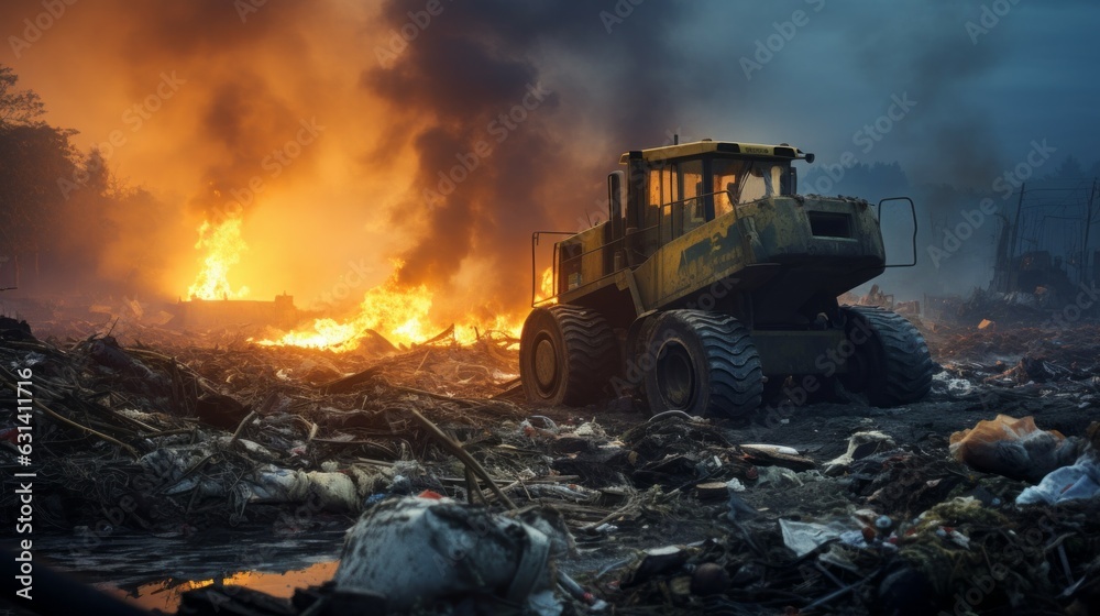 Dump truck in a waste dump with flames and garbage in the background. Tractor working in a toxic landfill that is on fire. Plastic pollution concept. Bulldozer driving in a flaming trash yard. Dump truck in a waste dump with flames and garbage in the background. Tractor working in a toxic landfill that is on fire. Plastic pollution concept. Bulldozer driving in a flaming trash yard.