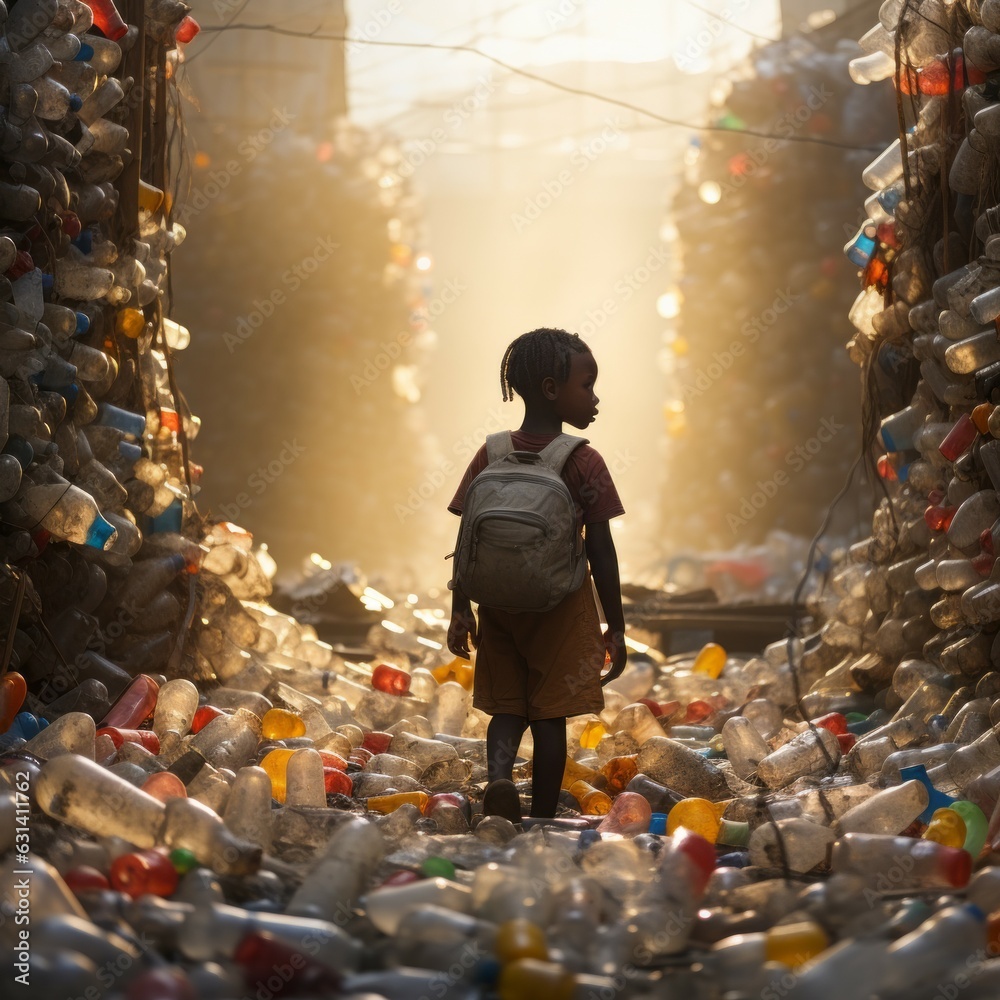 Silhouette of a poor African kid walking through a landfill of used ...