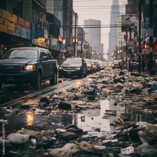 Garbage on a wet empty city street. Polluted with plastic bottles and trash, a poor neighborhood with skyscrapers on a rainy evening. Dirty streets of an abandoned muddy town. Pollution concept.