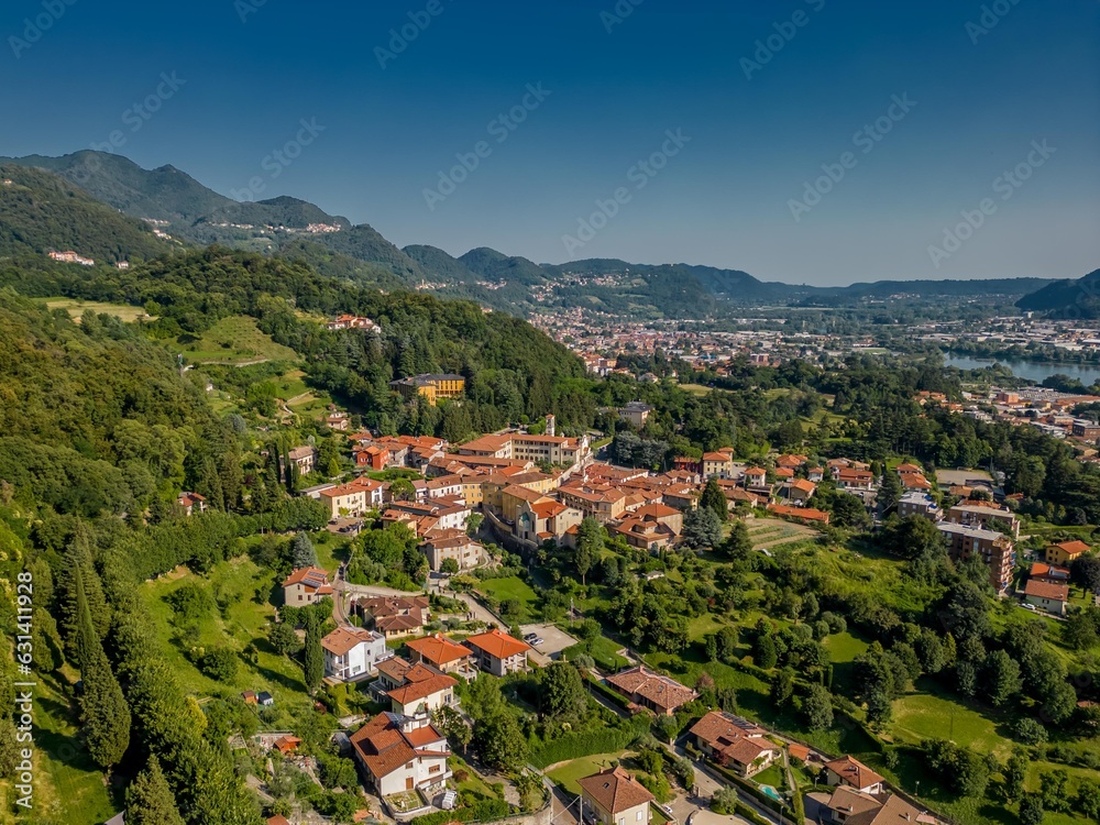 View from above of the green valley of San Martino. Vercurago, Lecco, Lombardy, Italy