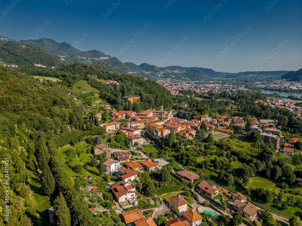 Italy, Vercurago, Lecco 27.07.2023: Aerial View Scenic location on Lake Como. Italy Village. Beautiful landscape view of the Mountains on Lake Como (italian: Castello dell'Innominato)