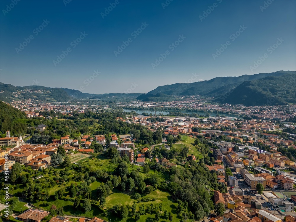 View from above of the green valley of San Martino. Vercurago, Lecco, Lombardy, Italy