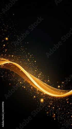 Abstract waving golden particle technology background. Hi-tech and big data background design for brochures, flyers, magazine, business card, banner.