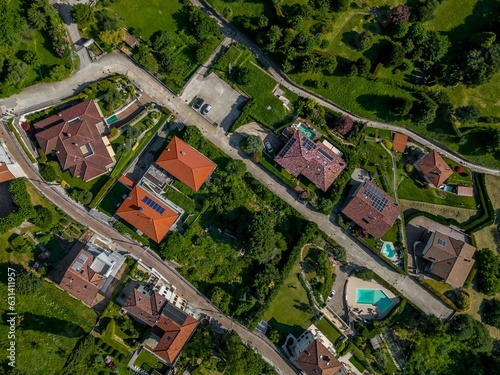 Italy, Vercurago, Lecco 27.07.2023: Aerial View Scenic location on Lake Como. Italy Village. Beautiful landscape view of the Mountains on Lake Como (italian: Castello dell'Innominato) photo