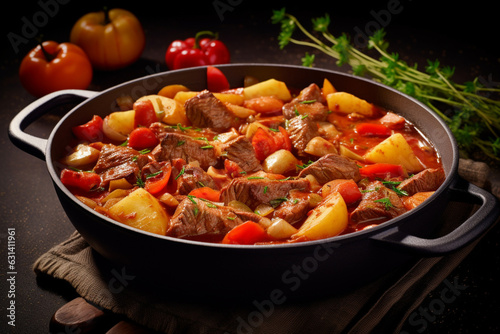 Delicious stew with potatoes, tomatoes, beef, onions and carrots