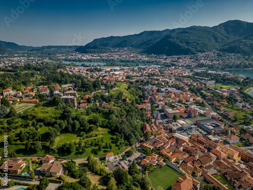 View from above of the green valley of San Martino. Vercurago, Lecco, Lombardy, Italy