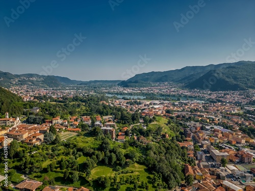 View from above of the green valley of San Martino. Vercurago, Lecco, Lombardy, Italy