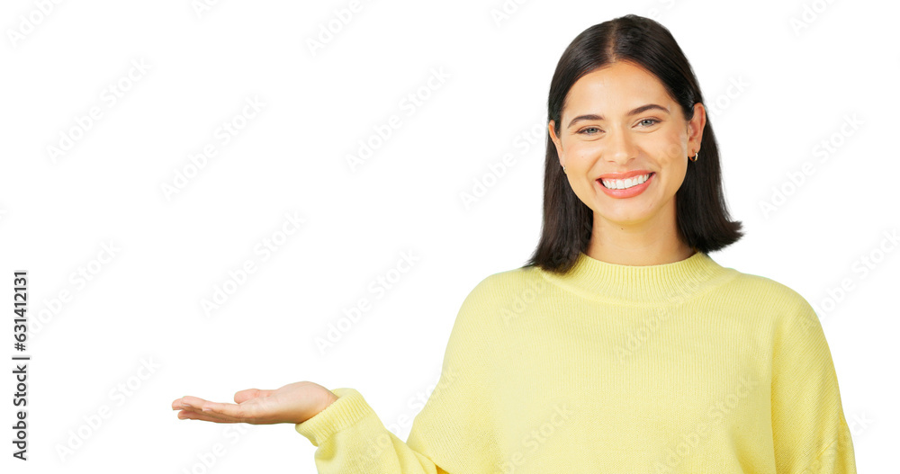 Woman, portrait and hands advertising presentation of advice isolated on a transparent png background. Happy model show promotion of deal, sale and announcement of news, review and product placement Woman, portrait and hands advertising presentation of advice isolated on a transparent png background. Happy model show promotion of deal, sale and announcement of news, review and product placement
