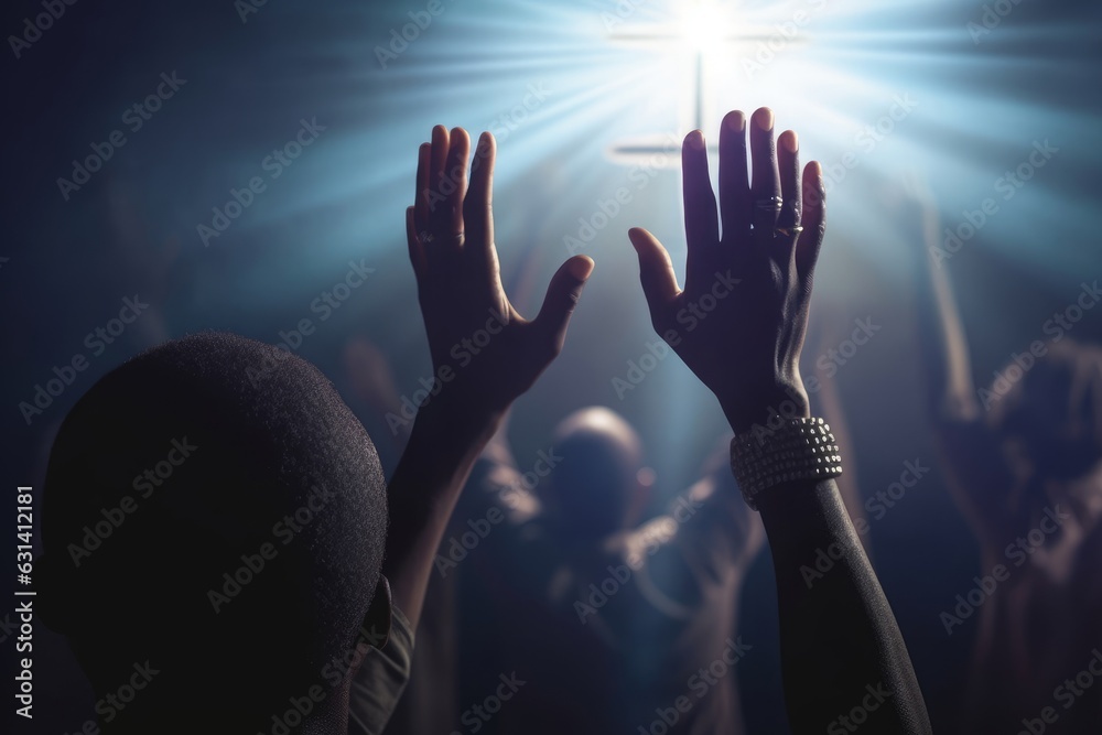 Hand praying and raised hand worship with faith, Generative AI
