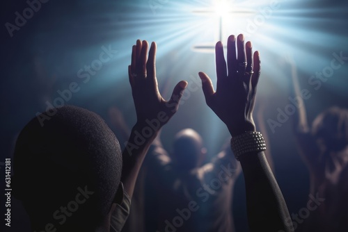Fotografiet Hand praying and raised hand worship with faith, Generative AI