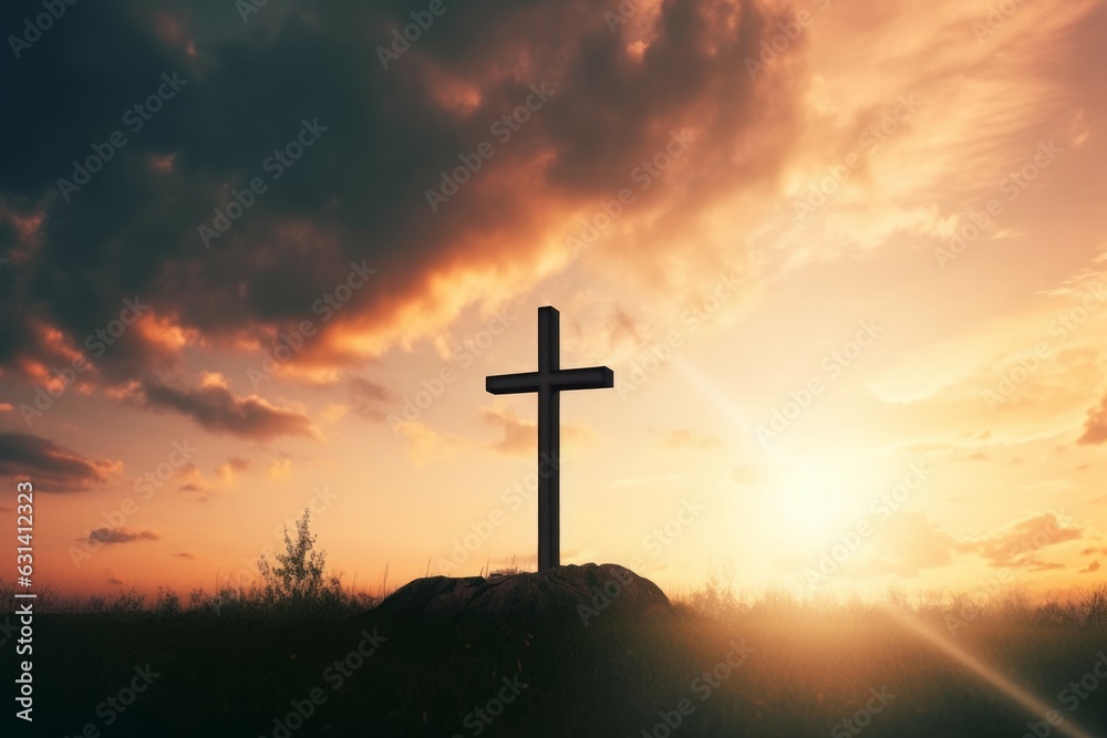 Good Friday concept: cross on sunset sky background, Generative AI