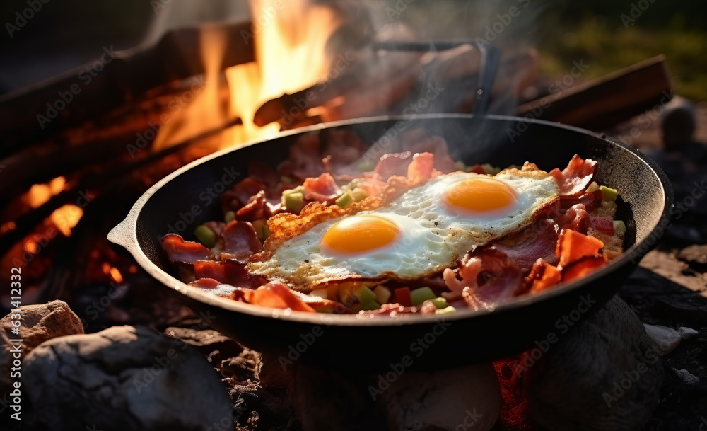 Camping breakfast with bacon and eggs in a cast iron skillet. Fried eggs with bacon in a pan in the forest. Food at the camp. Scrambled eggs with bacon on fire. Picnic. Generative AI. Camping breakfast with bacon and eggs in a cast iron skillet. Fried eggs with bacon in a pan in the forest. Food at the camp. Scrambled eggs with bacon on fire. Picnic. Generative AI.