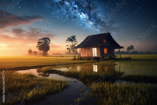 landscape view of a hut in the middle of a rice field with a milky way. long exposure photography. generative ai
