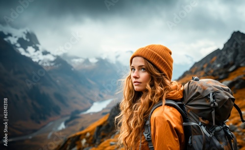 a young woman with backpack is standing on top of a mountain in the snowy landscape