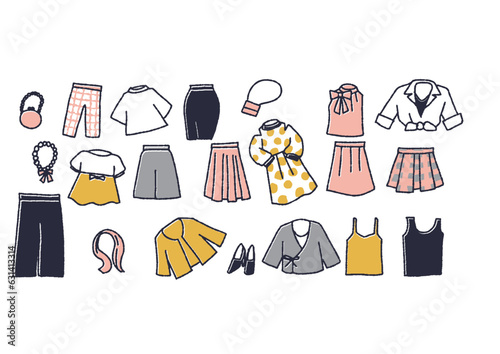 さまざまな女性のファッション 洋服小物のイラストセット
