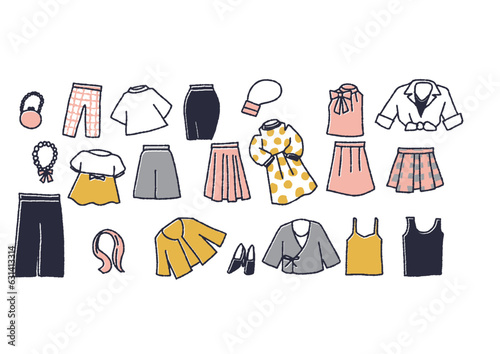 さまざまな女性のファッション　洋服小物のイラストセット