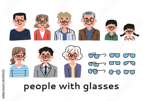 メガネをかけているさまざまな年齢の人々のイラストセット（フラット）