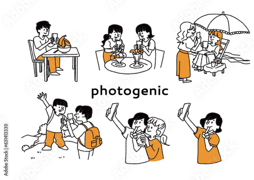 フォトジェニックで映える写真や動画を撮っている人々のイラストセット