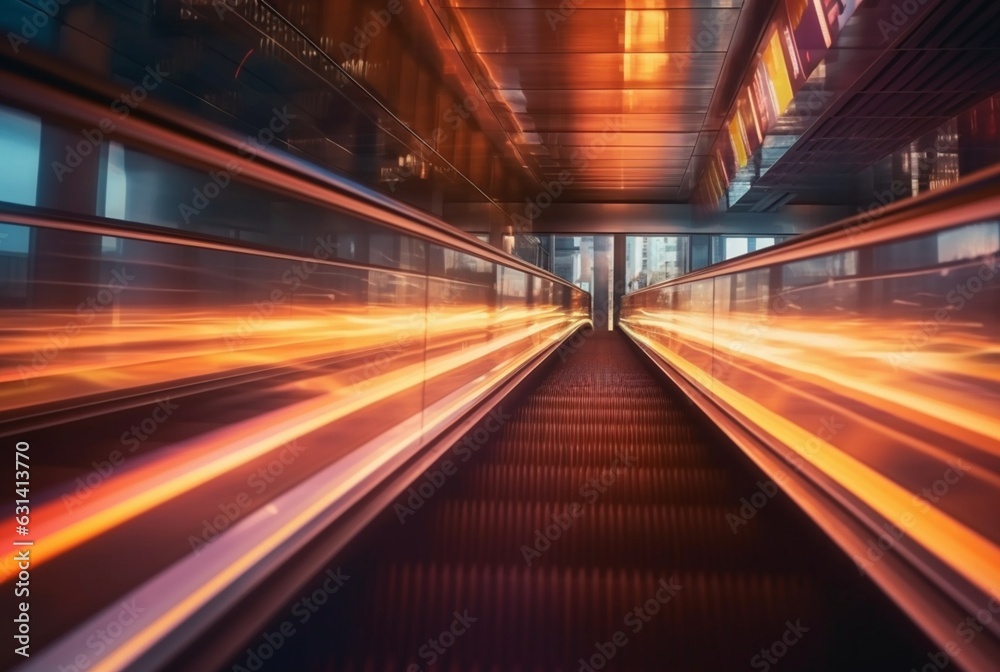 Blurred moving modern escalator. technology