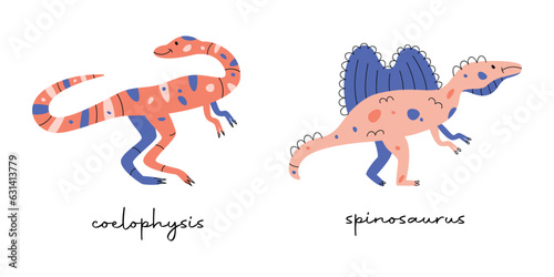 Flat hand drawn vector illustrations of dinosaurs coelophysis and spinosaurus