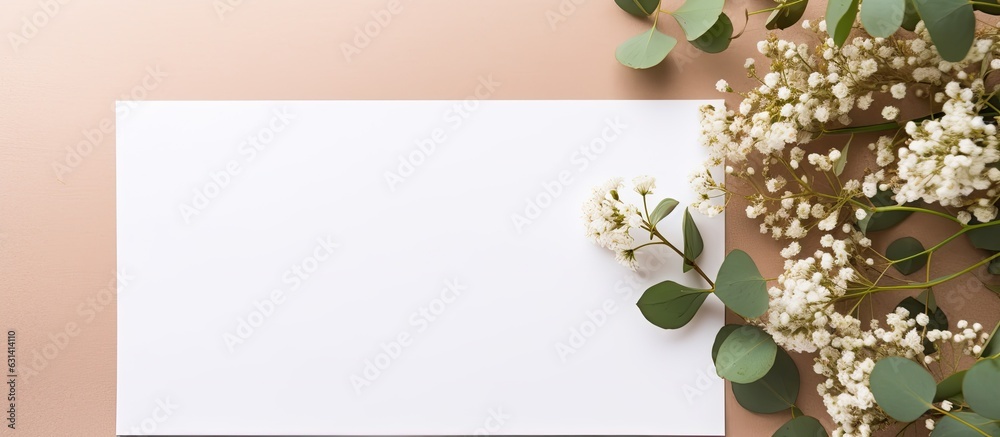 A mockup featuring a wedding invitation or greeting card with natural eucalyptus and gypsophila