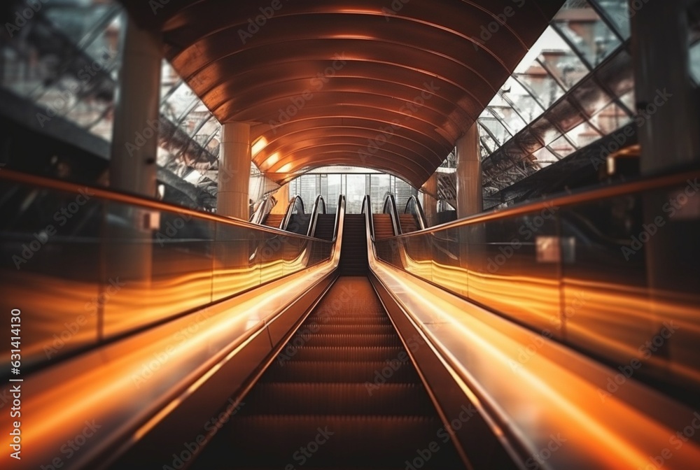 Blurred moving modern escalator. technology