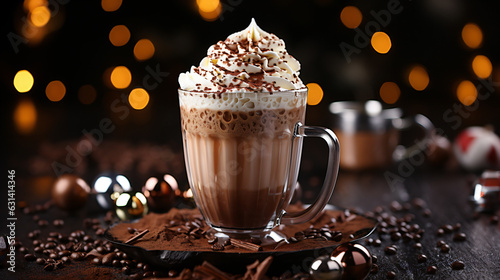 a glass of hot sweet chocolate and lots of cream on top in cozy surroundings with bokeh effect in the background, generative AI photo