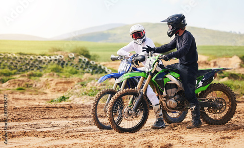 Fototapeta Naklejka Na Ścianę i Meble -  Sports, friends and men with motorcycle in countryside for fun, hobby and stunt training, practice or freedom. Off road on dirt, motorbike and biker people in nature for adrenaline, challenge or race