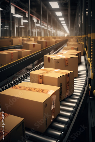 Cardboard Boxed Packages on a Belt Driven Line Roller Conveyor in a Warehouse With Shiny New Line Rollers, E-Commerce Fulfillment Center, Generative AI