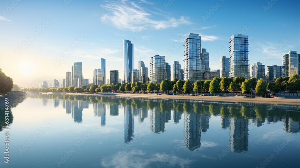 Contemporary Skyscrapers Reflected in a Shimmering Lake 