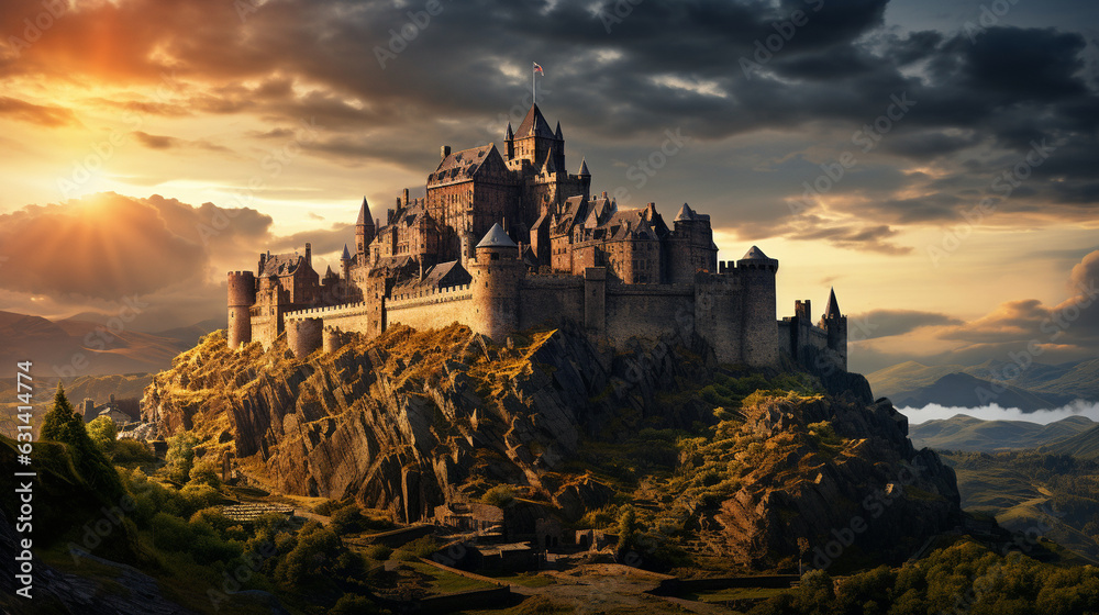 Obraz premium Ancient Castle Perched on a Hill Against a Dramatic Sky 