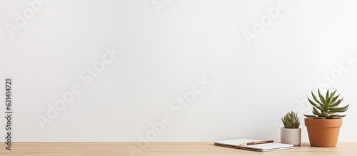 A simple background image of an inviting and empty workplace featuring a white desk and a succulent