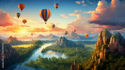 Magical Hot Air Balloons Soaring Over a Scenic Landscape 