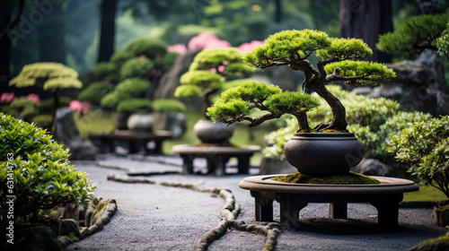 Peaceful Japanese Zen Garden with Pruned Bonsai Trees 