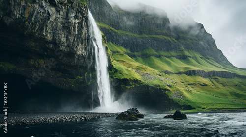 Majestic Waterfall Cascading Down Steep Cliffs 
